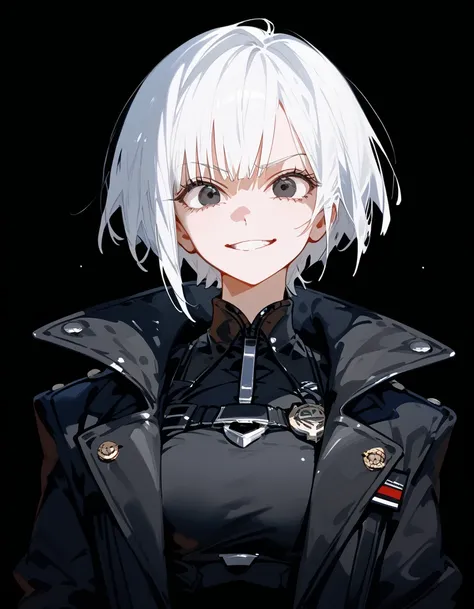 1 person, Alone ,girl, white hair, short hair , in black eyes,, black background,cool,handsome,Black suit,Coat,funny,afraid, Cute,kind,Fierce face,Smile shyly,Hero ,numb ,Hair lost ,High instep , Slim 