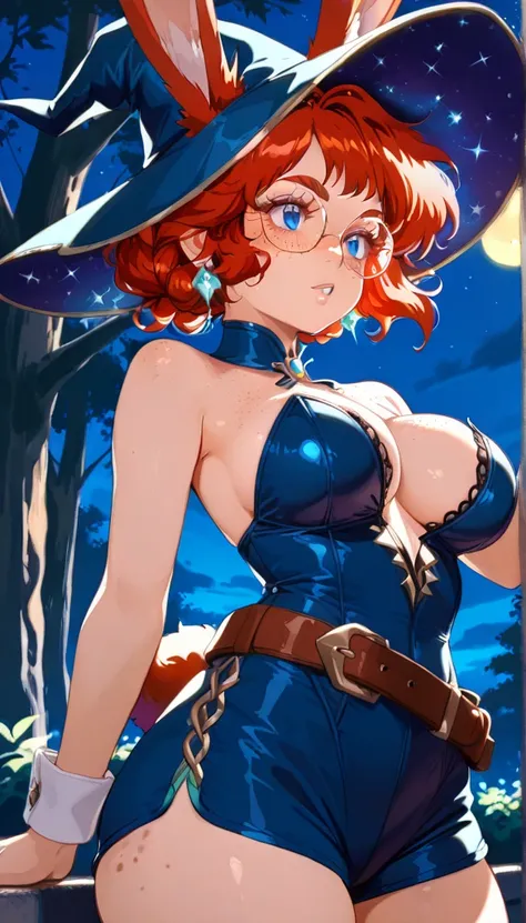 a girl with blue eyes, bunny ears, red hair, freckles, round glasses, wearing a sexy outfit with a blue shorts, brown belt, earrings, long eyelashes, big bust, pretty face, witch hat, standing in a park at night, highly detailed, 8k, photorealistic, master...