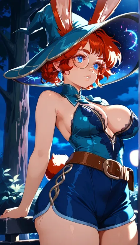 a girl with blue eyes, bunny ears, red hair, freckles, round glasses, wearing a sexy outfit with a blue shorts, brown belt, earrings, long eyelashes, big bust, pretty face, witch hat, standing in a park at night, highly detailed, 8k, photorealistic, master...