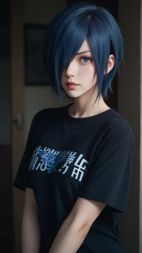 1girl, kirishima touka, blue hair, hair over one eye, blue eyes, black t-shirt