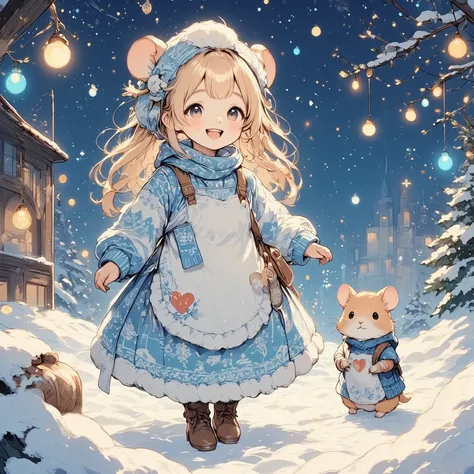 In the tranquil solstice night, where snowflakes whisper as they flit down from the heavens, a whimsical vision awaits beneath the halo of the soft moonlight. (Standing amidst this winter wonderland is a girl, tender and sprightly, her warmth-padded costum...