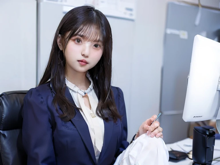   beautiful Japanese woman（20 years old，  Navy Blue Business Suit  ，  white blouse）  in the office ，  I can see it from the tip of the foot ，  doing thoughts， sitting in an office chair wearing a halter neck ， bust shot