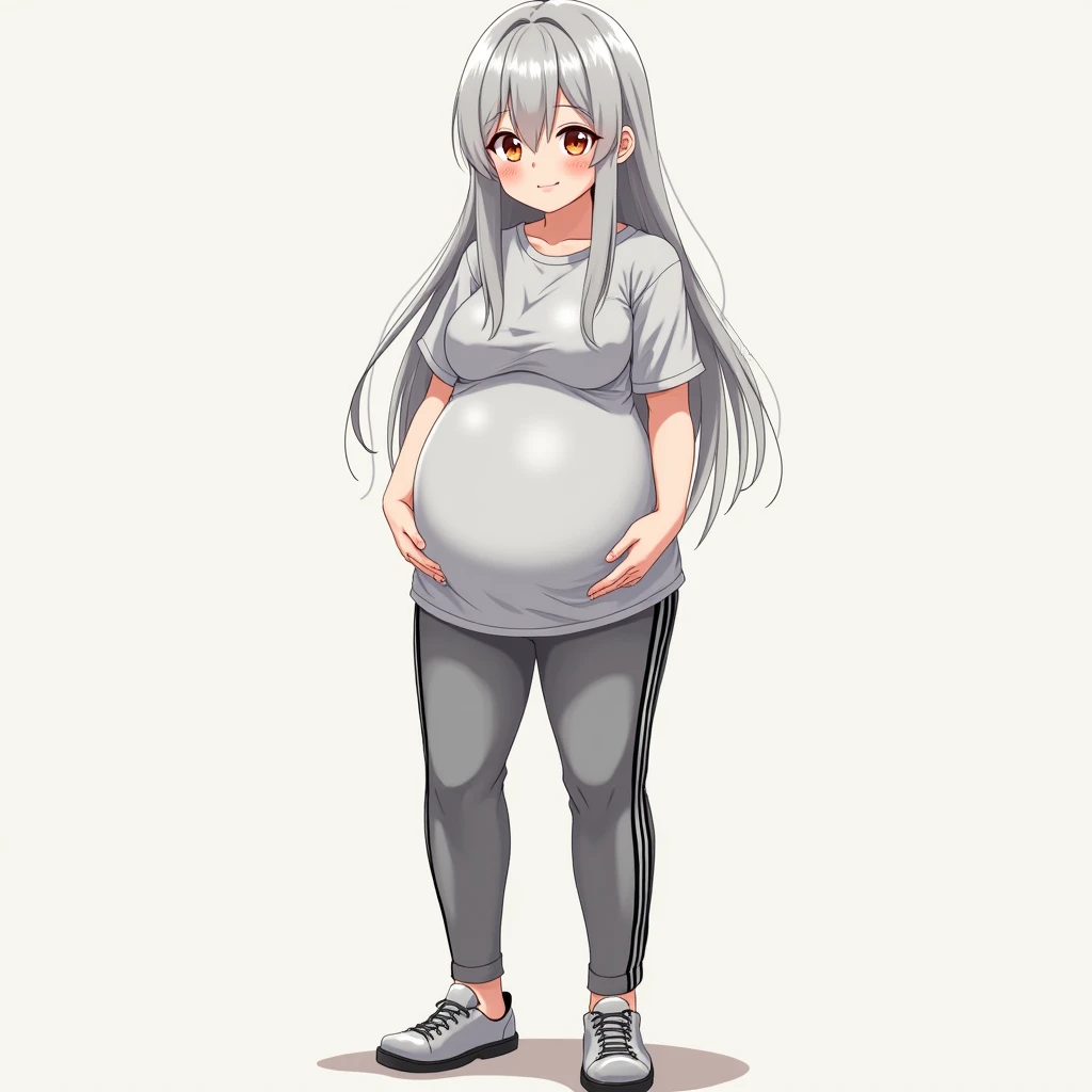 anime girl, long hair, gray hair, orange eyes, gray T-shirt with black and white stripes, gray thin trousers with black and white stripes, gray sneakers, anime style, big breasts, big-breasted girl with hyper-pregnancy, keep your finger on the pulse, big g...