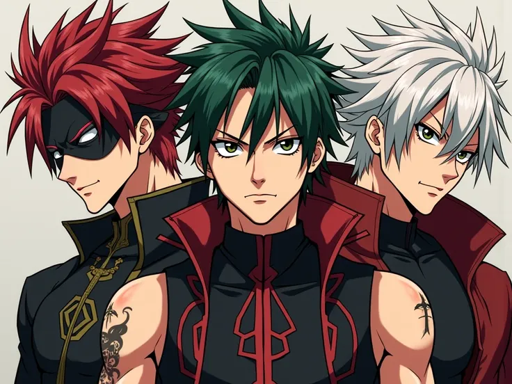 3 male oc de  l'anime fairy tail 
Garçon 1 cheveux vert et rouge herisssé 
sauvage yeux ecarlate stylé artificiel 
porte le masque de oni rouge
musclé tatuage guild des demon.
veste noir et 
rouge symbol du demon.
regards demoniaque.
garçon 2 cheveux noir ...