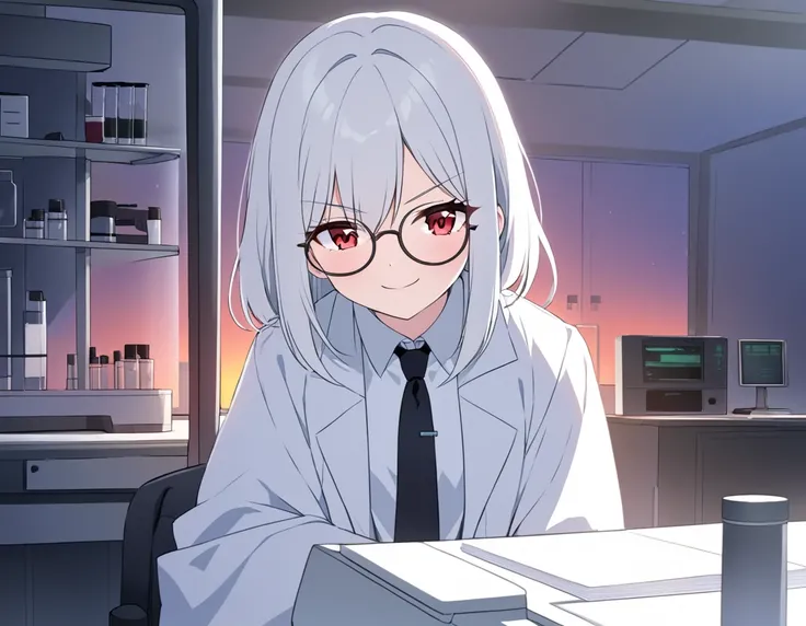 Inside a suspicious research facility in a dim closed room , smirking ,Long white hair and red eyes ,A small and young beautiful girl,Oversized lab coat,Windowless （ working while sitting on a chair in a laboratory on a dim night）,Round glasses and black t...