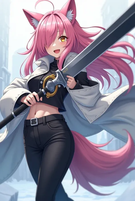 ( top quality,  thong,  official art , beautiful and aesthetic :1.2) female anime, wolf girl, rebellious girl,  long pink hair with bangs covering the right side of her face,  golden eyes, pink wolf ears, pink voluminous tail,  voluminous white coat ,  wea...