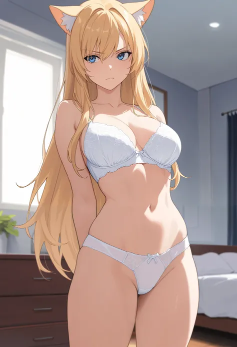 Detailed, masterpiece, good graphic. 1 cat-girl, blue eyes, blond hair, (((attractive))), ideal face, long hair, serious face, dressed in a White bra and panties, room, adult faсe