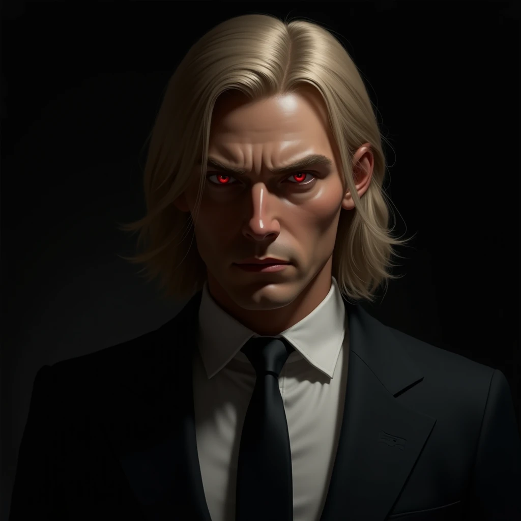  Realism, men, blonde hair , red-eyed, Suit,Dark looking background