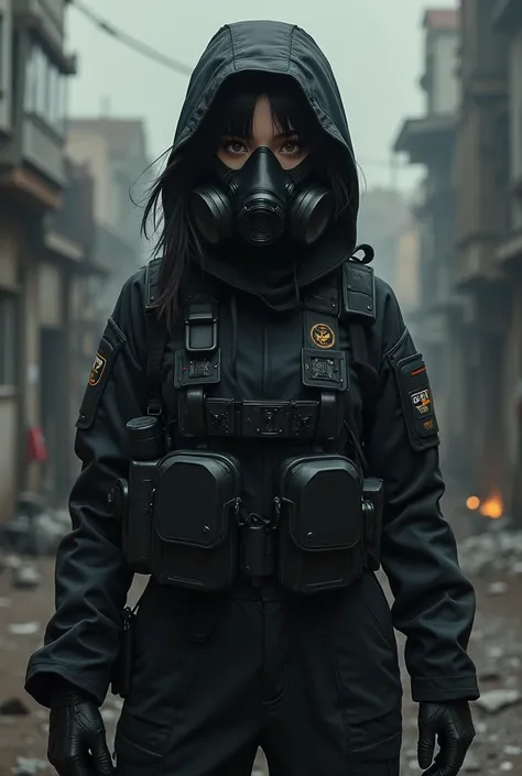 1 anime girl,spec op black suit,gas mask special