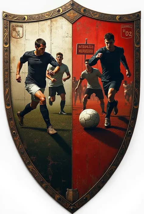 A shield from the medieval era with some images inside soccer, some players in black and white and a ball that has a sign inside that says Interliga Municipal 