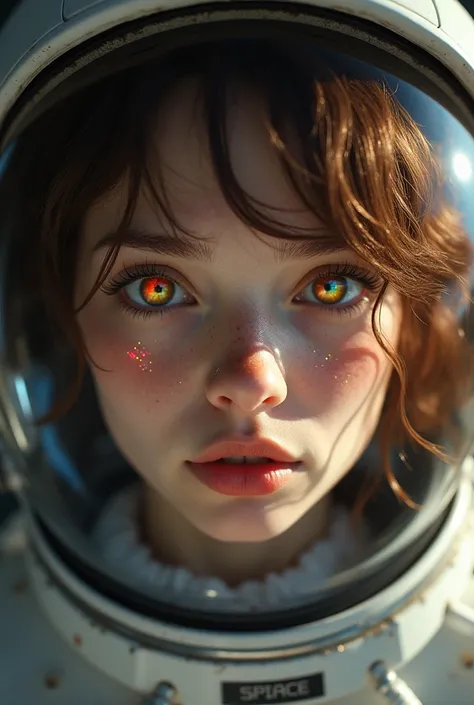 (Close-up of a better masterpiece:1.5)0.9], (Space and astronauts:1.2) (Messy brown hair:1.1) (Heterochromia xanthochromia and brown eyes:1.2) (Space Helmet:1.0) (Colored stars in the eyes:1.0) (A radiant glow:1.1) (thick lips:0.9)Tears, 