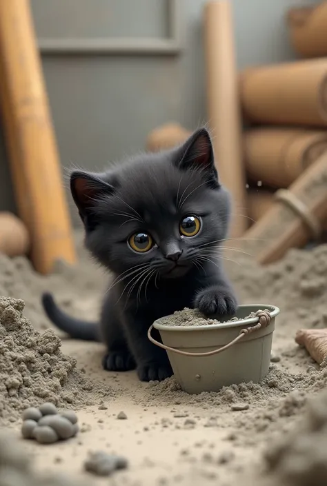 Cute black kitten making cement 