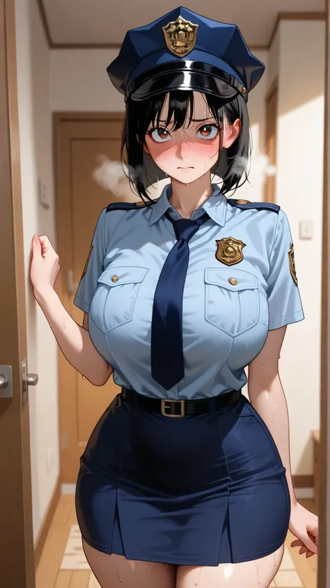 1 woman, standing, tense, flushed red face, shaky breathing, slightly sweaty, large breasts, wide hips, curvy but proportional body, short black hair, wearing a standard patrol police uniform with a skirt, casual duty police uniform, practical and comforta...