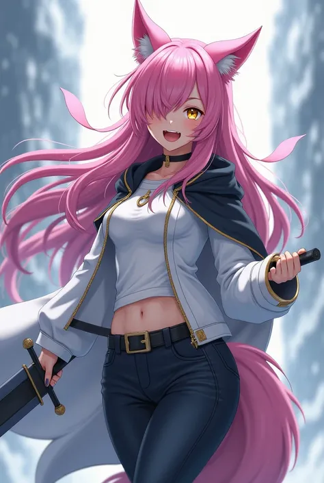 ( top quality,  thong,  official art , beautiful and aesthetic :1.2) female anime, wolf girl, rebellious girl,  long pink hair with bangs covering the right side of her face,  golden eyes, pink wolf ears, pink voluminous tail,  voluminous white coat ,  wea...