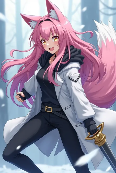 ( top quality,  thong,  official art , beautiful and aesthetic :1.2) female anime, wolf girl, rebellious girl,  long pink hair with bangs covering the right side of her face,  golden eyes, pink wolf ears, pink voluminous tail,  voluminous white coat ,  wea...