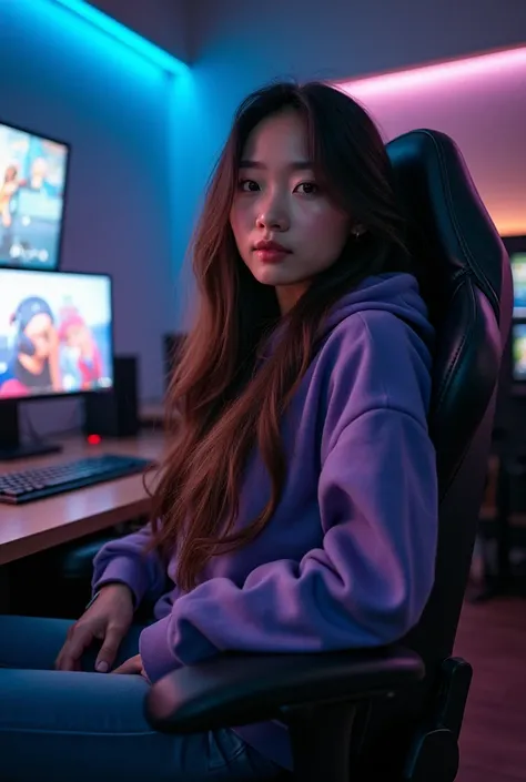 A photo of a Korean beautiful woman with long hair in a gaming-style trendy outfit. She is sitting on a gamer chair in a game room. The woman has a swag style and is wearing a hoodie. The room has a few gaming monitors and controllers. The lighting is brig...