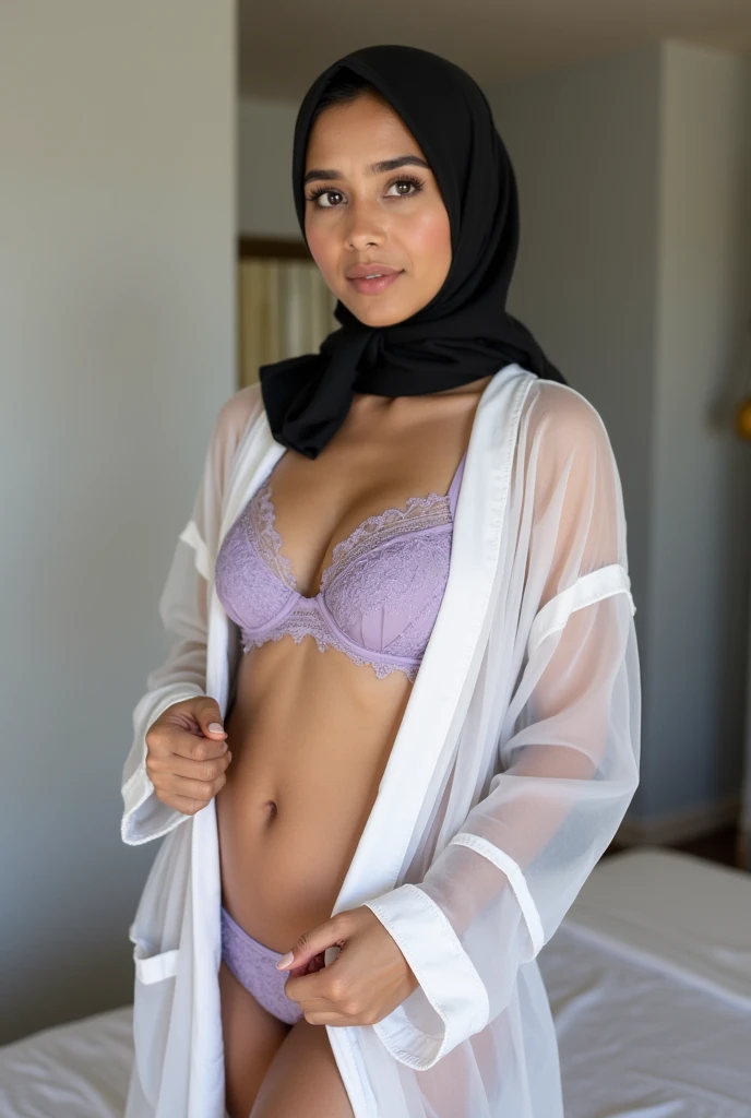  Indonesian girl wearing hijab ,  transparent white bathrobe open buttons ,  sexy lilac lace bra ,  in the shower bath , Soft stomach, wearing lilac underwear ), Show bra ,  black satin hijab , She shows her shoulder,  In the makeup room ,Worried face,  Se...