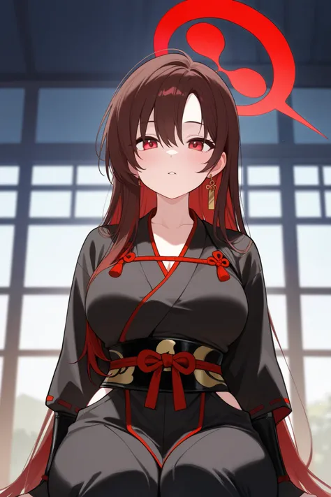 1 girl, Hair length reaches the back, Brown hair and red hair on the edges of the hair, red eyes, but not bright, curvy body, wear a sexy samurai outfit, หน้าอกไซส์ปานกลาง, have a gold earring, have a red halo