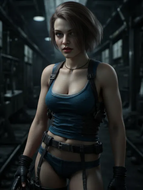 A hyper-realistic photo of j1llv4ld34th as Jill Valentine, featuring a beautifully detailed face with captivating eyes and a serene expression, The image showcases her natural beauty, focusing on her flawless skin and delicate features, The lighting enhanc...