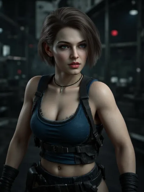 A hyper-realistic photo of j1llv4ld34th as Jill Valentine, featuring a beautifully detailed face with captivating eyes and a serene expression, The image showcases her natural beauty, focusing on her flawless skin and delicate features, The lighting enhanc...