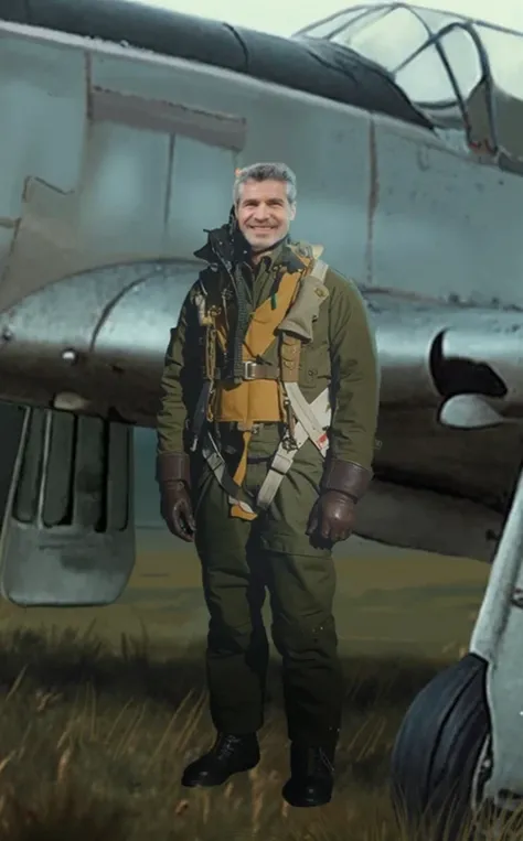 (masterpiece:1.4), (best quality:1.4), retro 1950s vintage, extremely detailed, intricate, hyper-detailed, illustration, soft lighting, man, in air wwii flight gear, stoic face.  intricate, dramatic lighting, 4k, detailed_background, caustics, full_body, d...