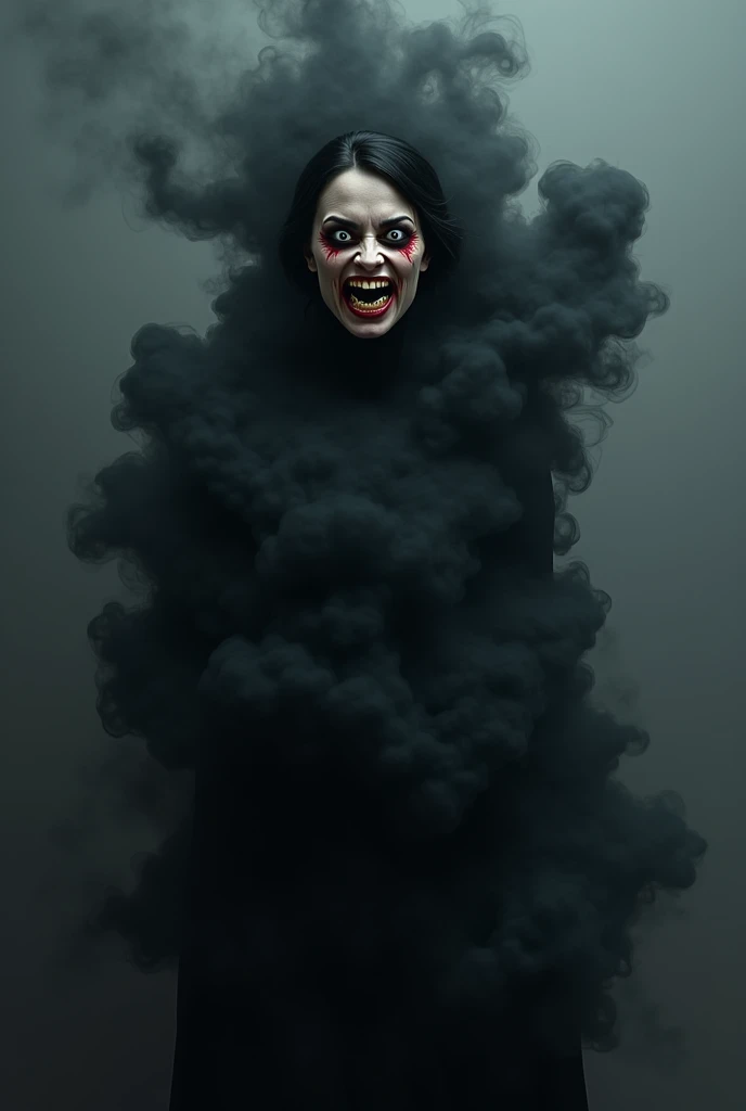 Black A knee-length statue of a woman made of black smoke, with bloodshot eyes and a hideous smile on her face.