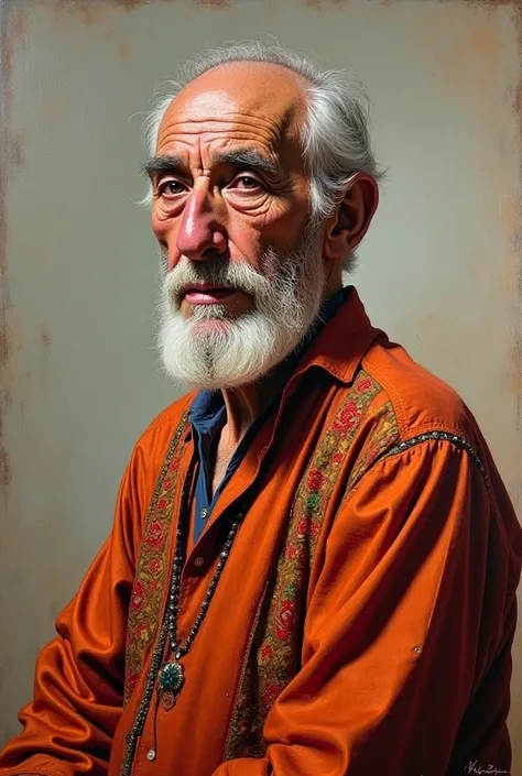  An oil painting of an old Algerian man wearing an Algerian costume 