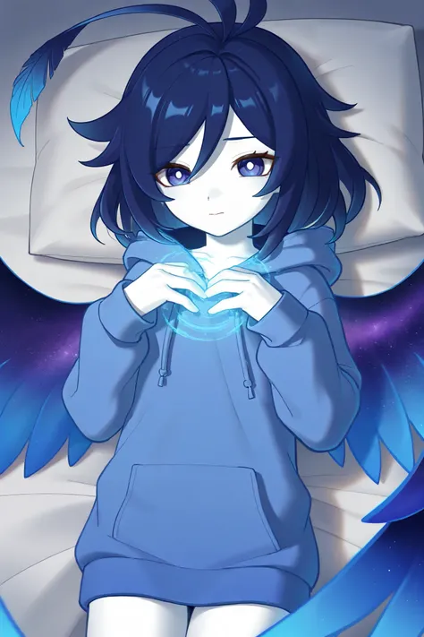  on hands、woman、 LONG FEATHER KITTEN、 Galaxy Wings  、   long dark blue hair、 eyes are blue like deep sea  、zitoida   、      high image quality  、 Super Fine、、   white skin、 bed、Straight face、、 loose hoodie 、 magic 、Best body、最 high image quality（4K.8k）、Ama...