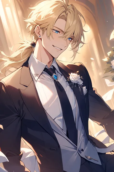 1 handsome male, bad-boy, messy ruffled long blonde hair in low ponytail, blue eyes, 30 years old, high detail, black suit and tie, perfect eyes, look away, solo, sexy smile, wedding background, he is the groomsman, sexy bad boy