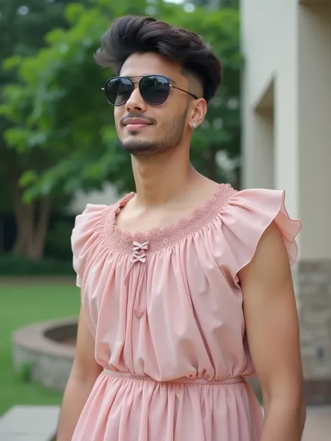 , a modern mumbai young man with fair skin and messy undercut hair is wearing dark sunglasses . He has a slight smile and is posing stylish  He wearing a long dress with short cap sleeves and a boat ruffle-neckline, which is accented with lace and a small ...