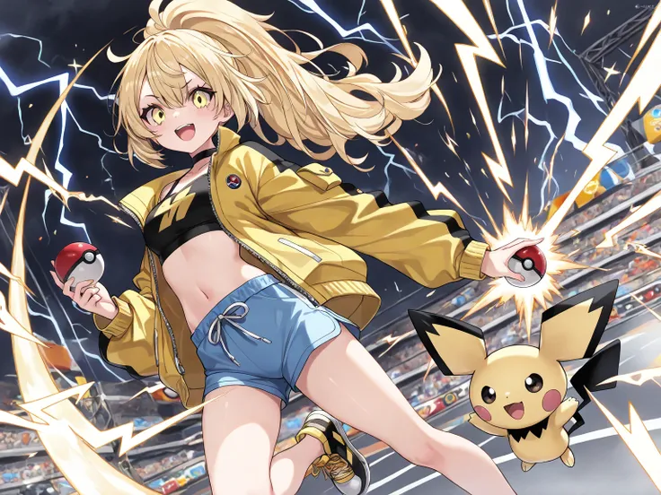 ((masterpiece, best quality, ultra-detailed character)), 1girl, A vibrant, energetic young female Pokémon trainer with bright yellow hair styled in a messy yet cute ponytail, resembling electric sparks. She wears a sleek, black and yellow jacket with light...