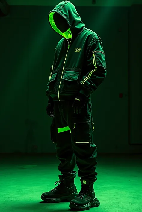 Description pour la génération d'images de la collection Chef2gvng x Booba "STREETECH 25":

GHOST RUNNER Sneakers:
"Sneakers futuristes avec silhouette chunky, coloris noir mat dominant et accents vert néon. Base en mesh technique noir, superpositions en c...