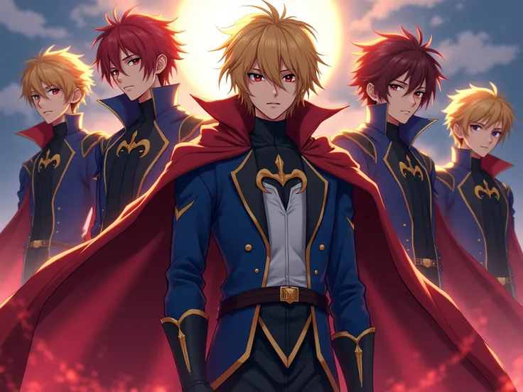 group oc menaçant sauvage charismatique puissant aggresif.de l'anime  code geass.
cheveux jaune et rouge 
herisssé sauvage 
porte des masque demoniaque 
uniform bleu et noir 
sont trés menaçant sauvage 
regard demoniaque.
sont sur une haute montagne avec 
...