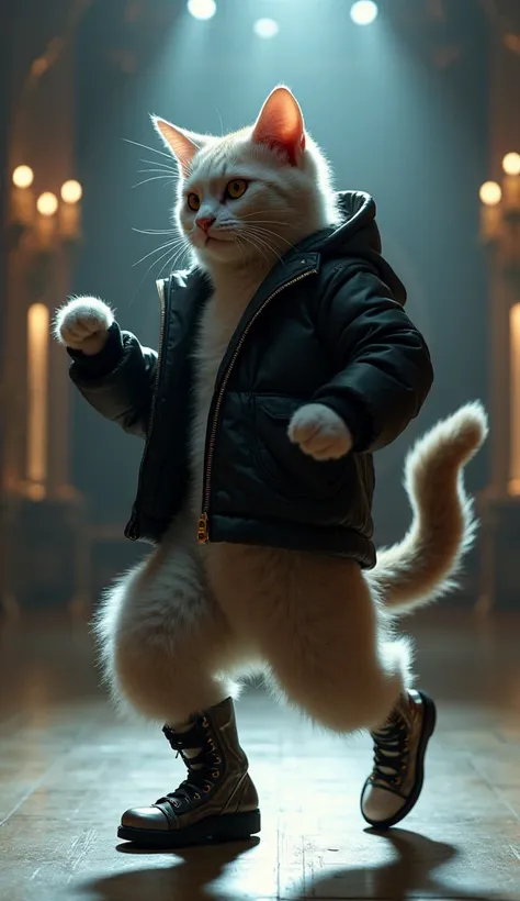 A realistic dancing cat with ultra quality details. The cat must be on a stage, dressed in a black jacket, And with boots, Dancing like a robot.  The setting should be an illuminated stage .