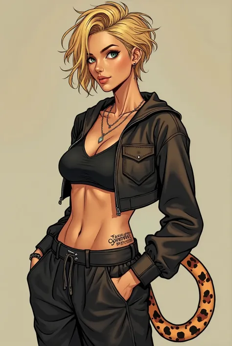 Short messy blonde hair, is a demi cheetah. Has an extremely soft tail, has an ear piercing and succubus womb tatto by the front and back of her abdomen. Usually wears crop tops and baggy pants with arm sleeves. 