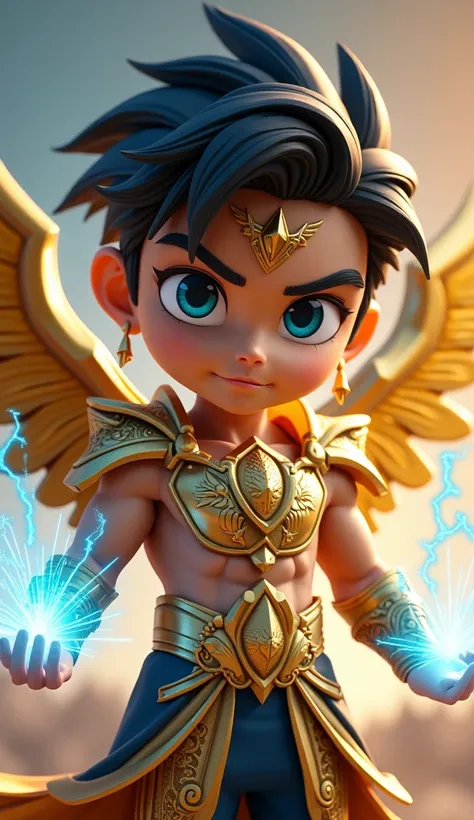 3D cartoon illustration style with very fine details and cinematic lighting, a mythological hero with a dashing appearance, a muscular body and a divine aura. He has shiny black hair that is neatly styled, sharp blue eyes that shine with determination, and...