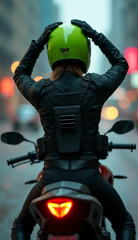 A hyper-realistic 8K cinematic close-up shot of a woman stopping her motorcycle in front of the camera, her back still facing the viewer. The sleek, black motorcycle hums as dust from the previous drift settles around her. With a slow and confident motion,...