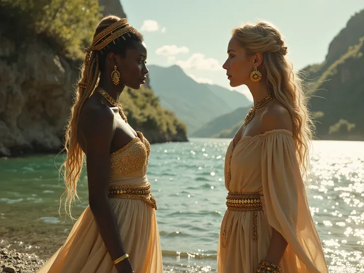 Two elegant queens stand at the edge of a sparkling river, admiring their reflections in the water. Suddenly, the jealous rival queen smirks and pushes Ajala into the river. Ajala, wearing golden jewelry and a silk dress, falls backward with wide, terrifie...