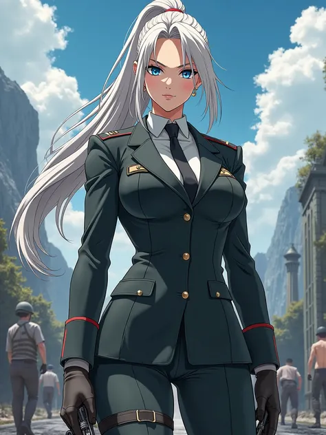 Anime woman 37 years old who has muscles with long white hair in a ponytail with blue eyes in military clothes 