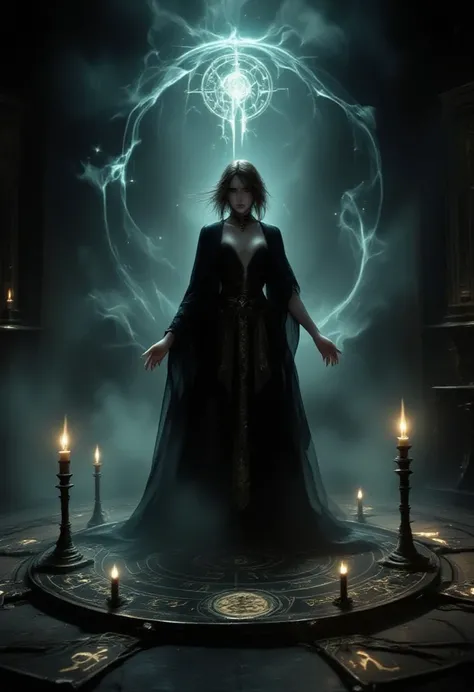 ( girl,  standing in the center of the magic circle),dark magic, detailed engravings , glowing sigils , ancient symbols , mesmerizing atmosphere , mystical aura ,Detailed patterns , magical flames ,flickering candles , swirling smoke ,ethereal fog, Mysteri...