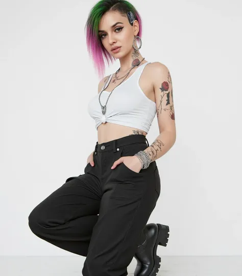 a beautiful female medium breasts, wearing a cropped white tank top, loose fitting high waisted cargo pants. black clunky boots, silver chain necklace, chunky silver bracelet, small hoop earrings, The minimalist background allows the viewer to focus on her...