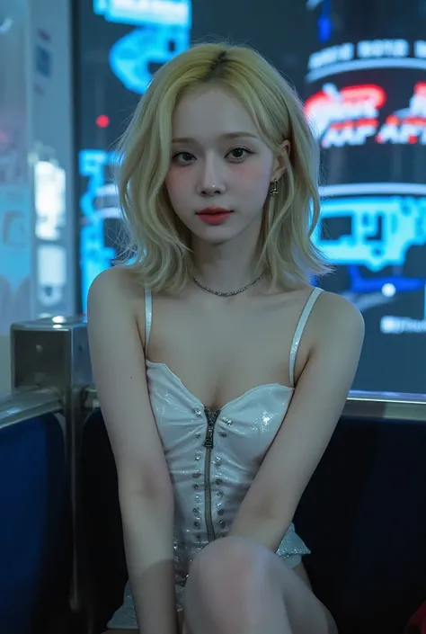    creates a magazine photo of a wavy young woman ,  bright blonde ,  medium cut hair ,   has white skin on a streetcar . She is half naked w  earrings transparent polymer bodysuit with metal detail,   necklace,   earrings.  her expression is gentle ,   So...