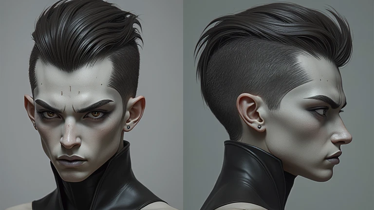 A detailed character head turnaround with front, left side views.