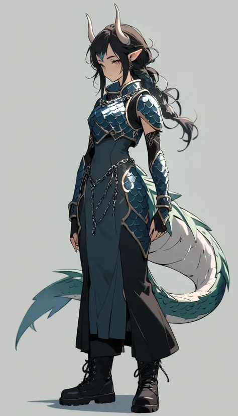  beautiful dragon girl standing in national style，short horns， perfect facial features ， wearing fish scale chain armor ，Chain combat boots ，Dragon Tail，Full body view， front view， clean and simple background  