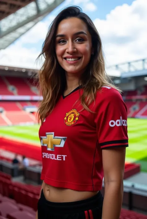  beautiful woman, 25-Years-Old, fit body,wearing Manchester United FC crop jersey, posing for a picture at the old Trafford stadium, charming smile, navel visible