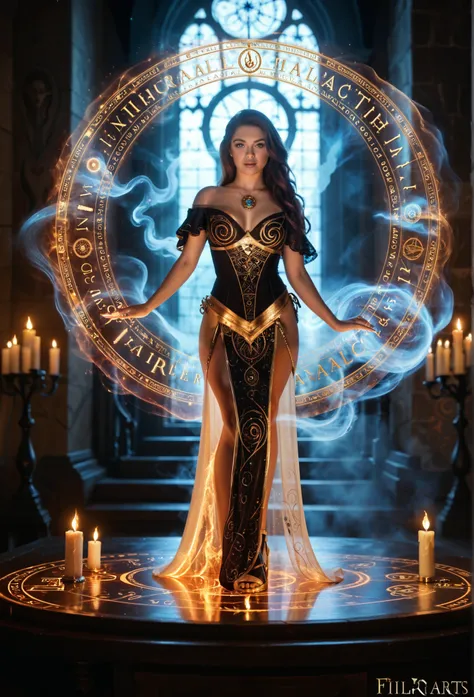 ( girl,  standing in the center of the magic circle),dark magic, detailed engravings , glowing sigils , ancient symbols , mesmerizing atmosphere , mystical aura ,Detailed patterns , magical flames ,flickering candles , swirling smoke ,ethereal fog, Mysteri...