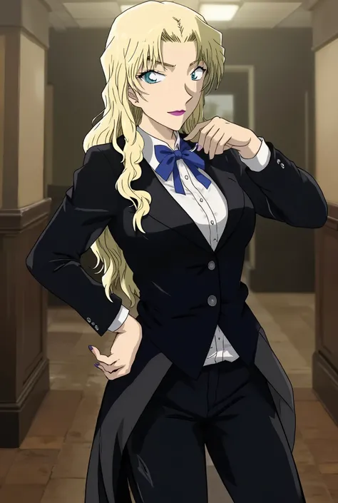 (masterpiece, best quality, newest, absurdres, highres,  1 girl, blonde hair, wearing a Tuxedo tailcoat, butler, suit , black pants, badass female,reaching at viewer , vermouthb,score_9, score_8_up, score_7_up, score_6_up, score_5_up, score_4_up1girl, solo...