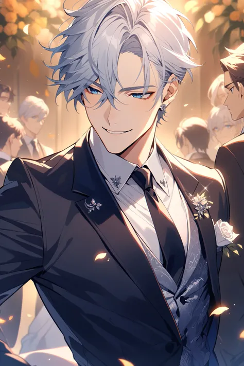 1 handsome male, bad-boy, messy ruffled short silver hair, blue eyes, 30 years old, high detail, black suit and tie, perfect eyes, look away, solo, sexy smile, wedding background, he is the groomsman, sexy bad boy