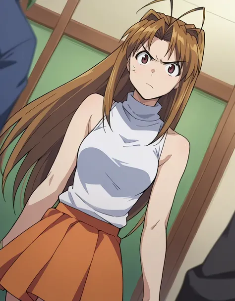 narunarusegawa, naru narusegawa, long hair, brown hair, antenna hair, brown eyes, angry, anger vein,
skirt, sleeveless, miniskirt, turtleneck, sleeveless turtleneck,
indoors,
looking at viewer, dutch angle, cowboy shot,