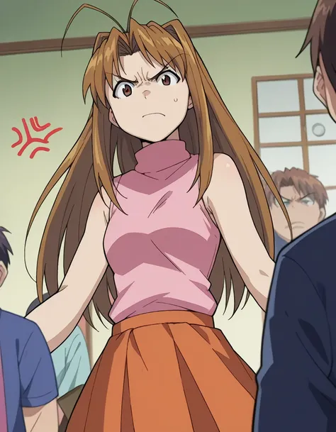 narunarusegawa, naru narusegawa, long hair, brown hair, antenna hair, brown eyes, angry, anger vein,
skirt, sleeveless, miniskirt, turtleneck, sleeveless turtleneck,
indoors,
looking at viewer, dutch angle, cowboy shot,